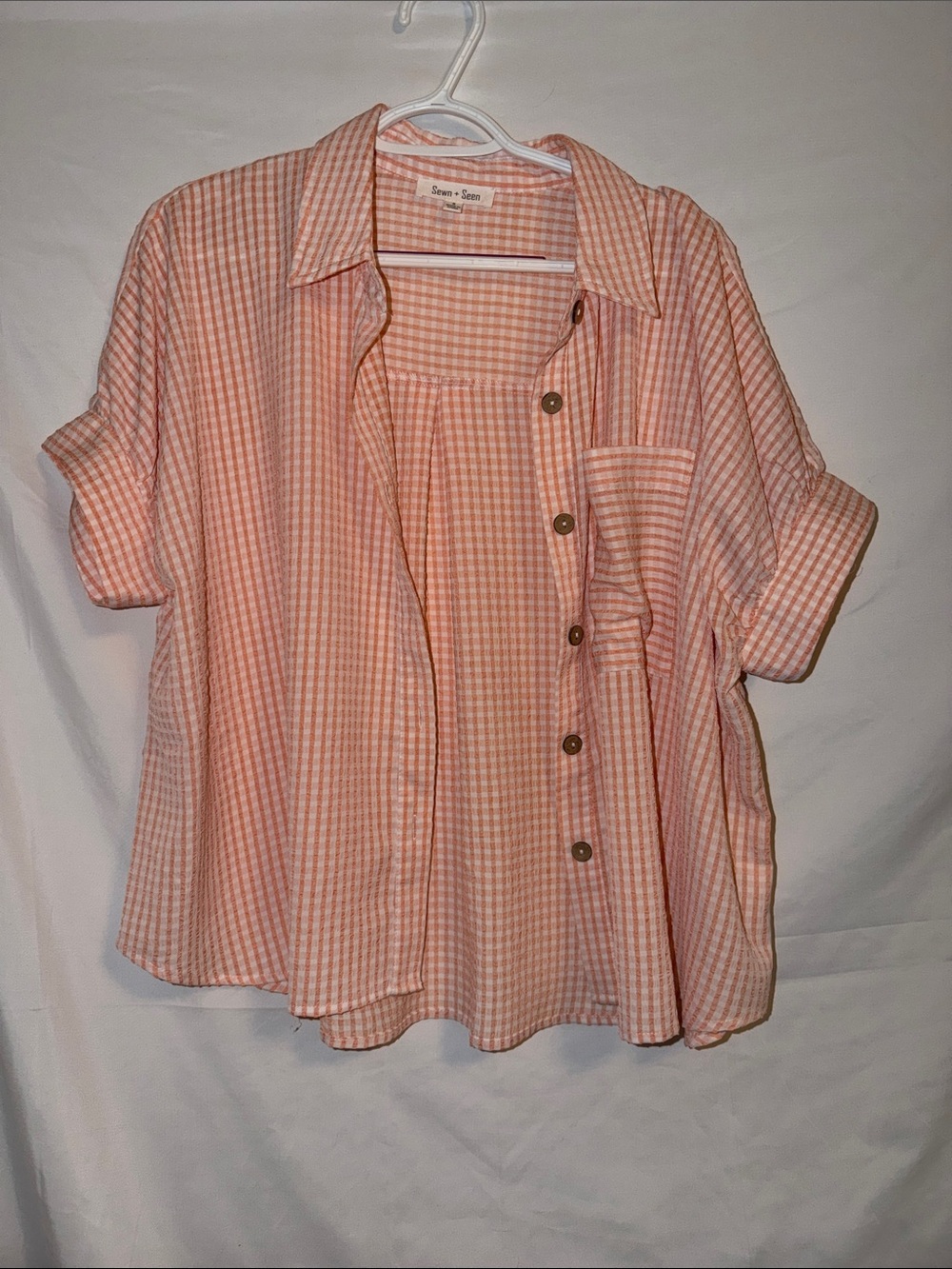 Sewn + Seen Short -Sleeve Peach Gingham Button-Down Shirt